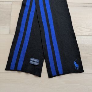 Polo Ralph Lauren Scarf Black Blue Striped Merino Wool Embroidered Pony Luxury